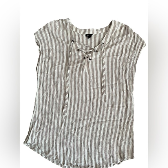 Torrid Beige Striped Lace-Up Blouse - Picture 1 of 2
